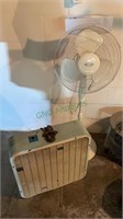 Two floor fans - one vintage metal box fan and a