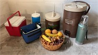 Six items - Stanley thermos, Rubbermaid 3 gallon