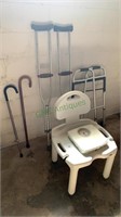 Shower chair, bathroom weight scale, two canes,