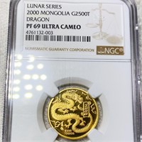 2000 Mongolia Gold 2500 Togrog NGC- PF69ULTCAM 1/4