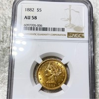 1882 $5 Gold Half Eagle NGC - AU58