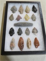 FRAMED (16) COLORFUL INDIAN ARROWHEADS & TUBE PIPE