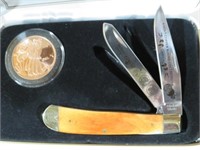 MINT COPPER COIN & TRAPPER KNIFE SET