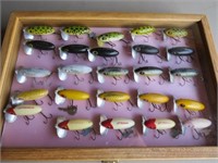 COLLECTION OF (25) JITTERBUGS LURES IN WOOD CASE