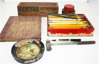 Wooden Cheese Box, White Starline Pen, Tins,Ledger