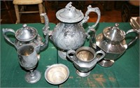 Silverplate Teapots, Sugar & Goblet, Dish