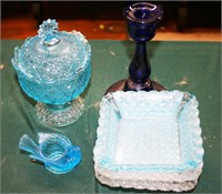 Blue Glass Candlestick, Bird Salt Covered Compote