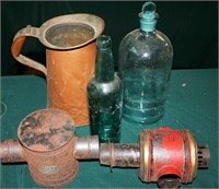 Copper Pitcher, Glass Bottles, Tin Lot