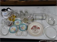 Misc. glassware, baking dishes, bowls, pie