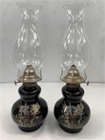 Set of Vintage glass hurricane oil lamps with