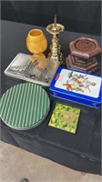 Mixed lot of tins and candle holders