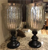 Two Heavy Mercury Glass Hurricane Candle Holders