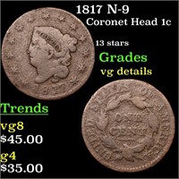 1817 N-9 Coronet Head Large Cent 1c Grades vg deta