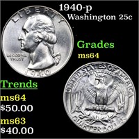 1940-p Washington Quarter 25c Grades Choice Unc
