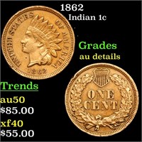 1862 Indian Cent 1c Grades AU Details