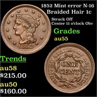 1852 Mint error N-16 Braided Hair Large Cent 1c Gr