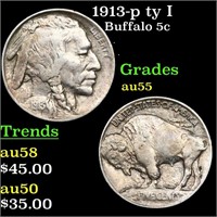 1913-p ty I Buffalo Nickel 5c Grades Choice AU