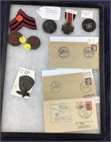 Display With 2 WWII Letters, Hitler Stamps & More