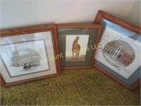 3  cross stitched framed pieces Horse goose