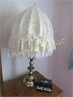 brass lamp w fancy lace fringe shade alarm clock