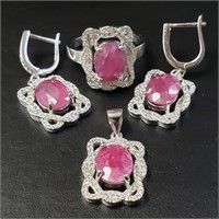 $350 Silver Ruby Ring Pendant Earring(8ct) Set