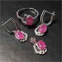 $250 Silver Ruby Ring Pendant Earring(6ct) Set