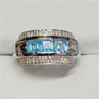 $200 Silver Blue Topaz, White Topaz(1.5ct) Ring