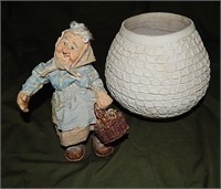 Signed Pottery & Old Lady Figurine