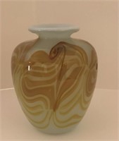 Demaine art glass vase in a feather design, 5.5”..