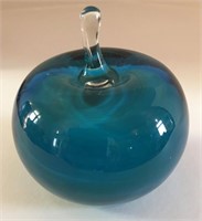 Demaine art glass “Blue Apple”, 3.3” tall. Signed.