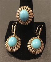 14kt gold ring set with oval turquoise & earrings