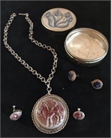 Deichmann pottery pendant , earrings and tin