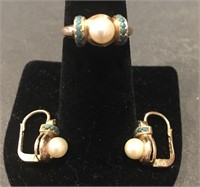 14kt gold ring w pearl & turq stone & earrings