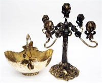 PLATED CANDLEABRA AND BASKET (2)