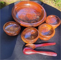 Vintage Haitian Wood Carved Salad Bowl Set