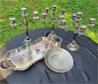 Silver-Plate Serving Trays & 3 Candelabras