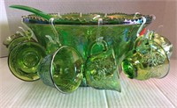 Green Carnival Glass punch bowl w/12 cups & ladle