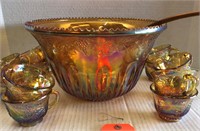Amber Carnival Glass punch bowl w/12 cups & ladle