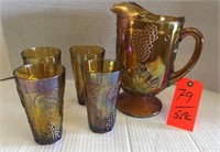 Amber Carnival Glass Pitcher & 4 tumblers