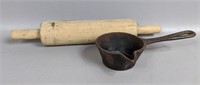 Hand Carved Rolling Pin & Cast Iron Ladle