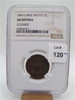 1864 LARGE MOTTO 2C NGC AU DETAILS CLEANED