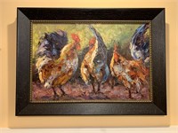 Large Signed Painting of Chickens
