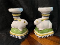Pair Portuguese Pottery Rabbit Candlesticks