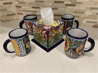 h/p Mexican Pottery Tissue Cover & 4 Mugs