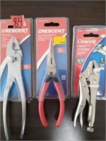 3pc Crescent Pliers; 8", 6" Long Nose & 5" Locking