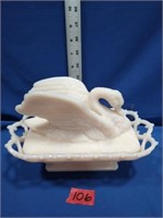 Westmoreland Swan Covered Pink Milk Glass Dish