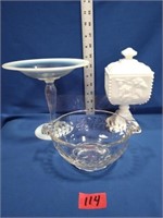 Milk Glass Candy Pedestal Dish, Etched Clear Bowl