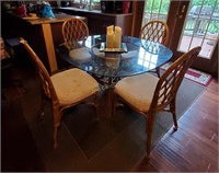 Glass & Rattan Kitchen Table W/ 4 Chairs