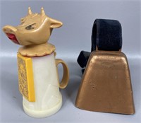 Vintage Whirley Moo-Moo Creamer & Brass Cow Bell