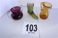 Crackled Yellow Pitcher, Fenton Shoe, Purple Vase